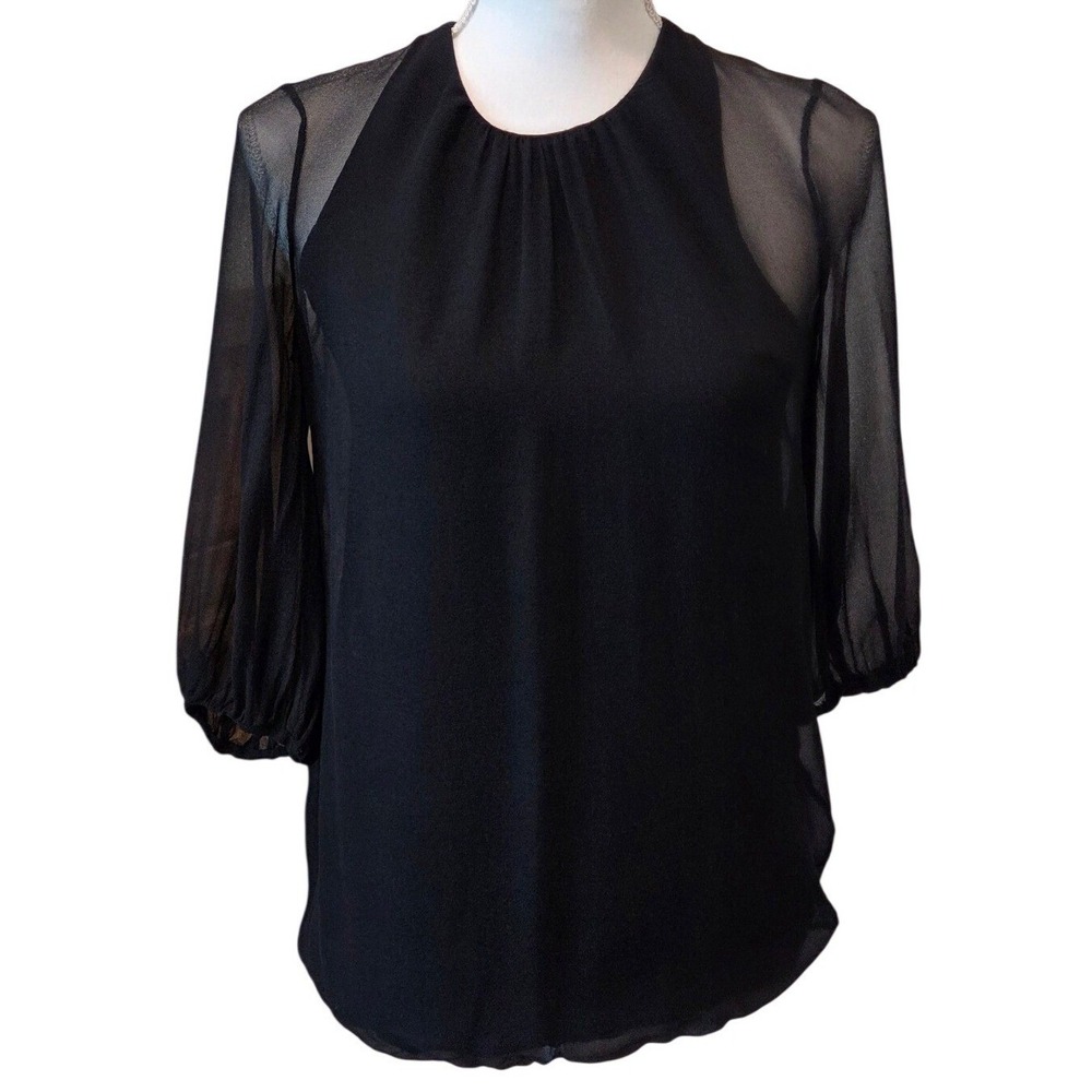 Vince Silk Sheer Gathered Sleeve Blouse Black Minimalist Chic Small Whimseygoth